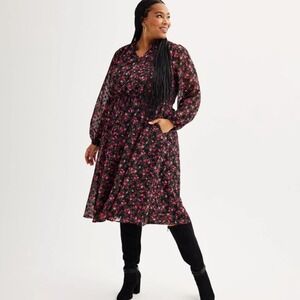 Draper James RSVP Black Pink Floral Print Long Sleeve Ruffle Neck Midi Dress L